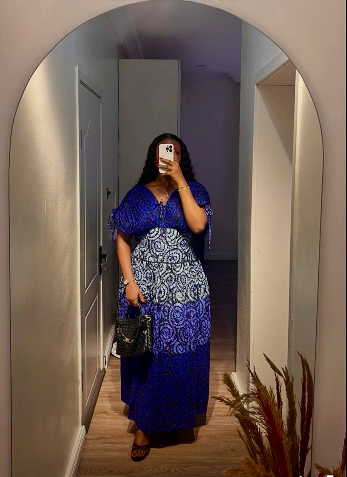 African Print V-Neck Flowy Gown - Blue & White Ankara Maxi Dress