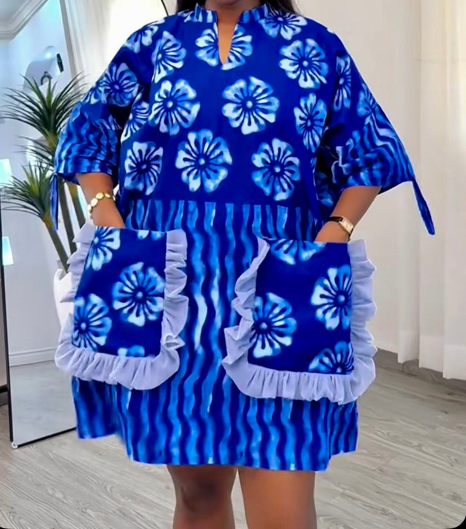 Women’s African Tie-Dye Tunic Dress – Blue Adire with Pockets (Available in different Prints)